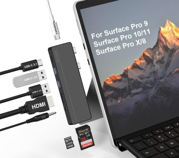 Surface Pro 8/9/10/11/X Docking Station - Adaptateur Surface Pro 9 avec HDMI 4K, Thunderbolt 4 (vidéo 8K@30Hz + données 40 G + PD 100 W), 2 x USB 3.0, Lecteur de Carte SD/TF Accessoires Surface Pro 9