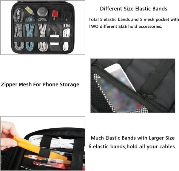 MATEIN Cable Organizer Bag, 2 Couches Noir pour Cable de Charge Téléphone Portable iPad Chargeur Alimentation Mobile Organizer Cable Pocket Rangement Cable, Noir – Image 4