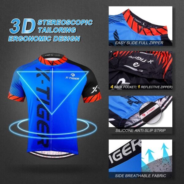 X-TIGER Maillot de Cyclisme Manches Courtes Homme avec Cuissard à Bretelle 5D Gel Rembourré,VTT Courtes Respirant Vêtements de Cyclisme Sports Shorts Pantalons avec Tee Shirt – Image 3