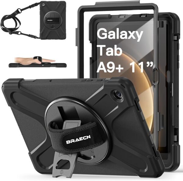 BRAECN pour Coque Samsung Galaxy Tab A9+ Plus 11 Pouces 2023, Étui de Robuste avec Film Protection, Support Rotatif à 360°et Dragonne, Bandoulière, Résistant Housse pour SM-X210/X216/X218, Noir