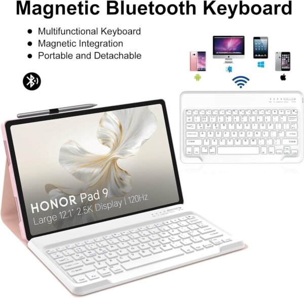 JADEMALL Coque Clavier pour Honor Pad 9 12.1" 2024, AZERTY Français Clavier Bluetooth Détachable Magnétique pour Tablette Honor Pad 9 12.1", Rose – Image 3