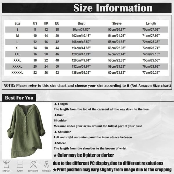 SCBFDI Chemisier Femme Chic et élégant, Chemise Lin Femme 2024 Printemps Eté Chic T-Shirt Manches Longues Col V Bouton Tshirt Couleur Unie Lâche Respirant Coton Lin Tunique Grande Taille Pas Cher Top – Image 4