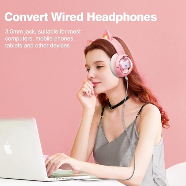 PHNIXGAM Casque Bluetooth avec oreilles de chat, en mode sans fil et filaire, avec microphone, lumière RVB, compatible avec téléphones portables, PC, tablette, consoles de jeux, rose – Image 6