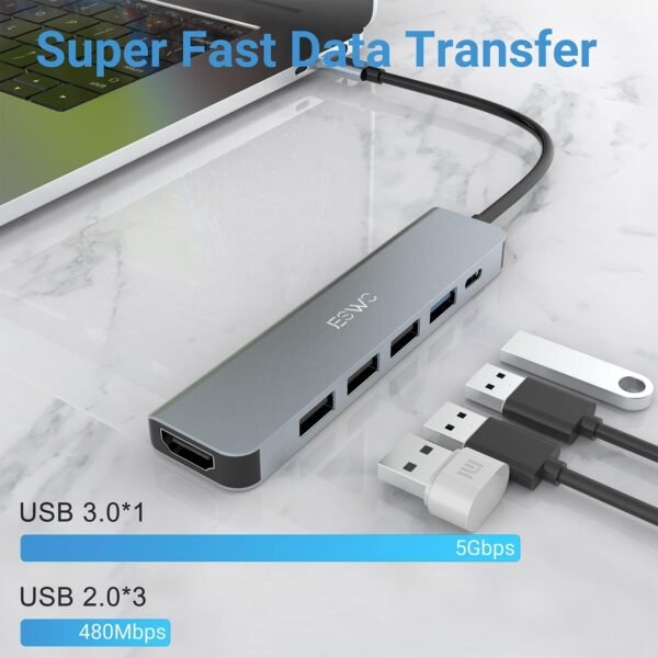 Adaptateur USB C Hub HDMI, Adaptateur USB C 6 en 1 avec HDMI 4K, 1 Port USB 3.0 et 3 Ports USB 2.0, Alimentation 100 W Compatible avec Windows 10/8, Mac OS 10.5 ou supérieur, Linux et Plus Encore. – Image 3