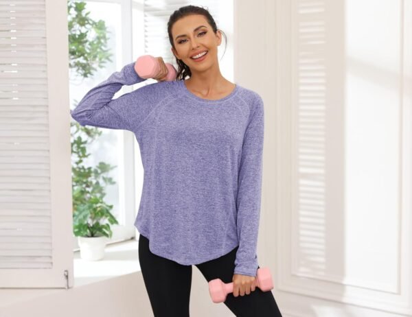 Gyabnw T-Shirt Sport Femme à Manche Longue Tee Shirt Col Rond Haut Sport Femme Top Anti UV Confortable et Polyvalent – Image 5