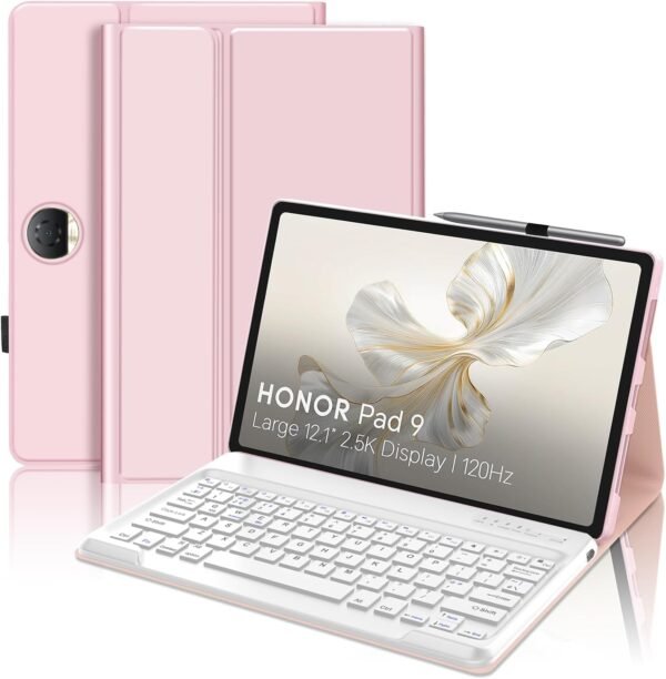 JADEMALL Coque Clavier pour Honor Pad 9 12.1" 2024, AZERTY Français Clavier Bluetooth Détachable Magnétique pour Tablette Honor Pad 9 12.1", Rose