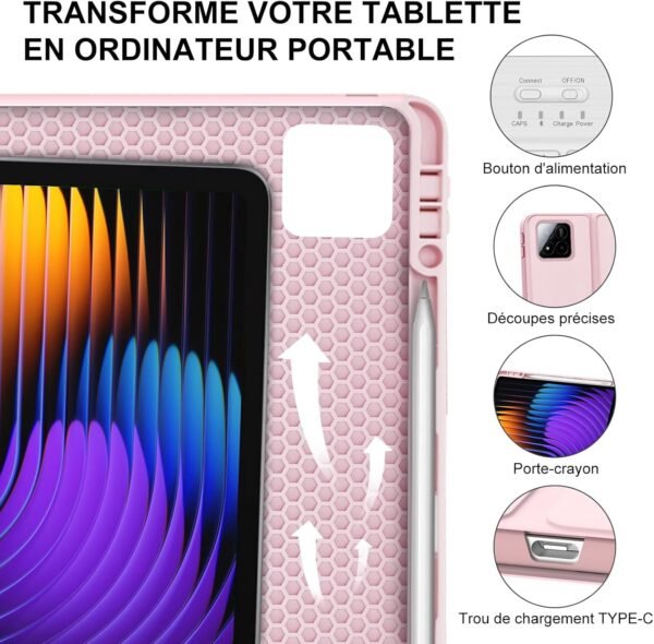 IVEOPPE Clavier Xiaomi Pad 7/7 Pro 11.2", Coque Clavier Xiaomi Pad 7/7 Pro, Rechargeable Clavier Français AZERTY Détachable pour Xiaomi Pad 7/7 Pro 11.2", Rose – Image 8