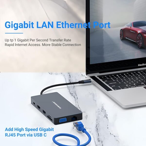 Sumvision Adaptateur de Station d'accueil pour hub USB C 100 W PD 12 en 1 Répartiteur HDMI 4K Triple Affichage VGA USB 3.0 Chargeur de Station d'accueil Gigabit LAN Lecteur de Carte Micro S – Image 3