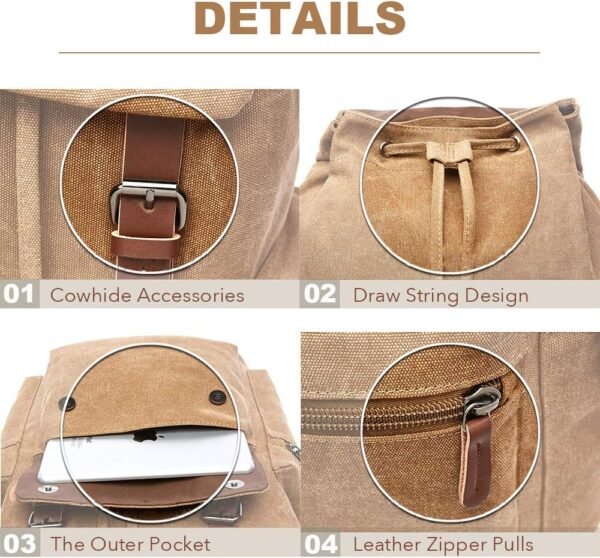 Rufun Sac à Dos en Toile Cartable Vintage pour Ordinateur Portable Daypack Randonnée Voyage Grande capacité Sac Unisexe – Image 3