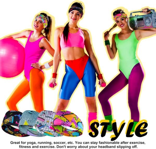 Lot de 4 bandeaux à cheveux avec imprimé rétro Mabor des années 80 - Unisexe - Couleurs fluo - Accessoire de fitness - Large bandeau de fête – Image 4