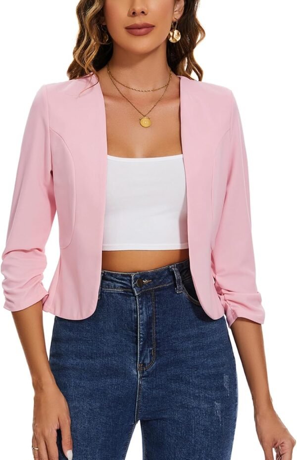LADI TREND Blazer court sans col pour femme Vestes ouvertes sur le devant Manches 3/4 froncées Cardigan demi-lin