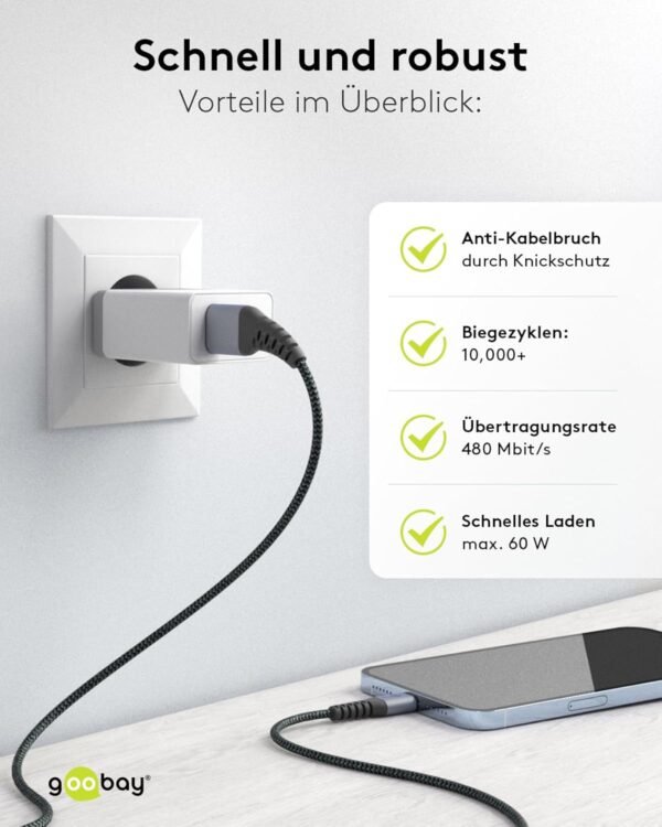 goobay 49269 Câble Lightning Apple – Certifié MFi – Câble textile extra résistant premium avec connecteurs métalliques – 2 m – Image 6