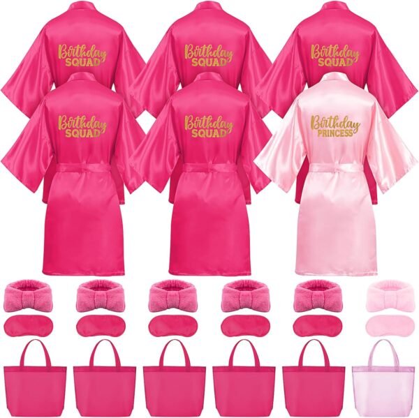 TESIN Lot de 24 fournitures de fête spa pour filles, 6 peignoirs, 6 bandeaux, 6 sacs fourre-tout, 6 masques pour les yeux – Anniversaire rose