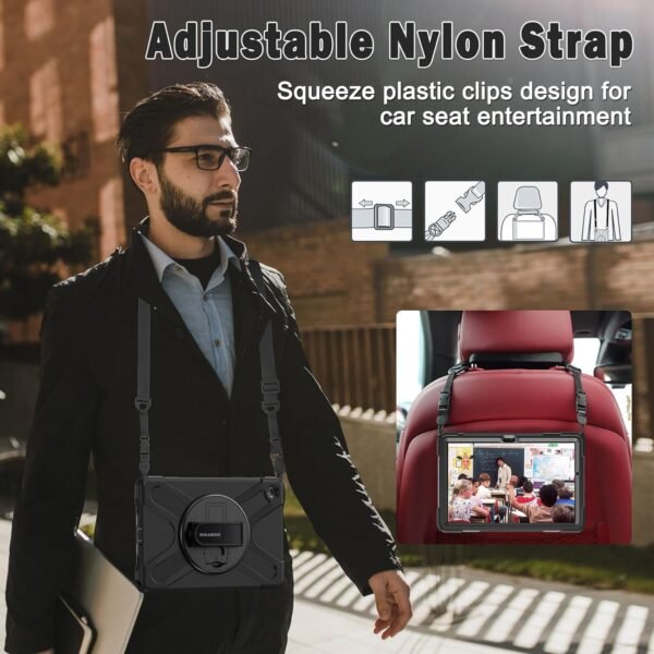 BRAECN pour Coque Samsung Galaxy Tab A9+ Plus 11 Pouces 2023, Étui de Robuste avec Film Protection, Support Rotatif à 360°et Dragonne, Bandoulière, Résistant Housse pour SM-X210/X216/X218, Noir – Image 5