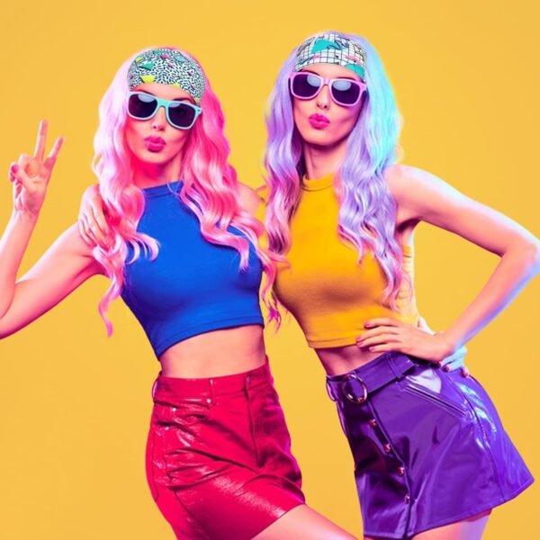 Lot de 4 bandeaux à cheveux avec imprimé rétro Mabor des années 80 - Unisexe - Couleurs fluo - Accessoire de fitness - Large bandeau de fête – Image 5