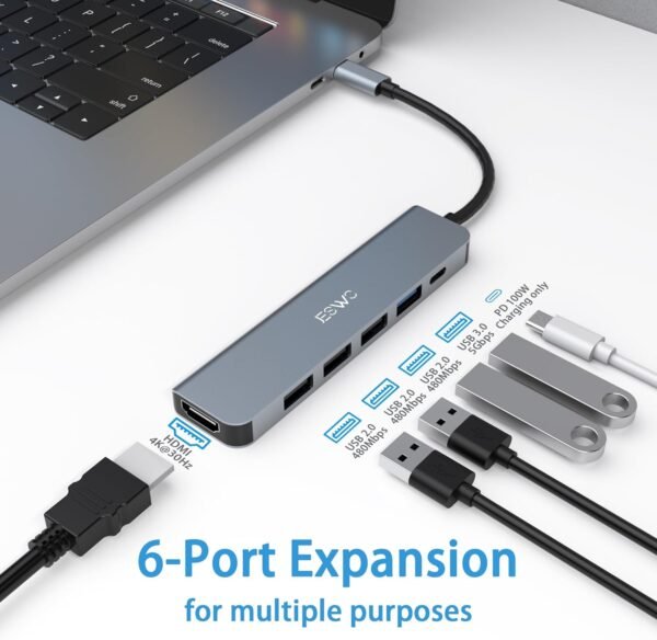 Adaptateur USB C Hub HDMI, Adaptateur USB C 6 en 1 avec HDMI 4K, 1 Port USB 3.0 et 3 Ports USB 2.0, Alimentation 100 W Compatible avec Windows 10/8, Mac OS 10.5 ou supérieur, Linux et Plus Encore. – Image 8