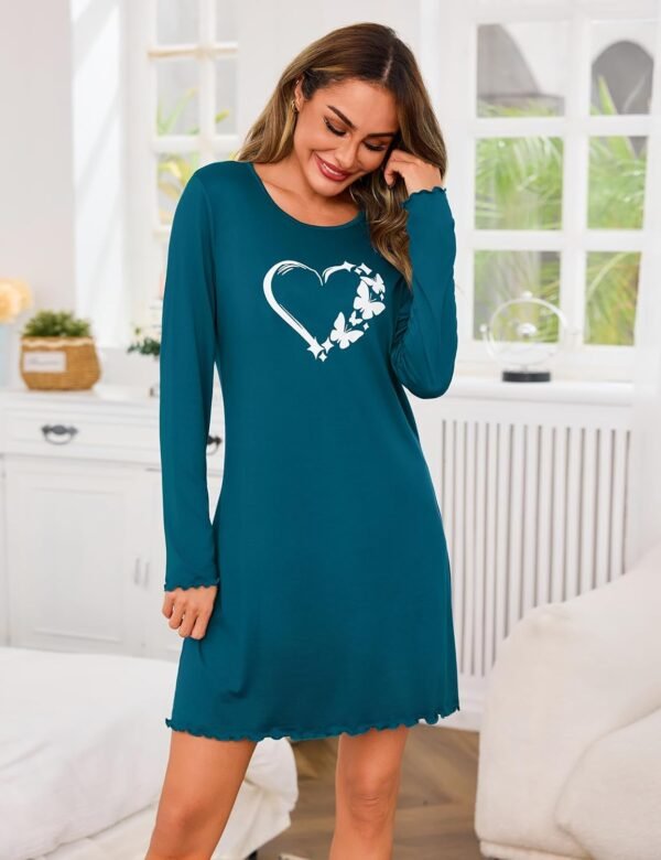 Demegimi Chemise de Nuit Femme Coeur Coton Robe de Nuit à Manches Longue Vêtement de Nuit Longue Tee Shirt Nuit – Image 2
