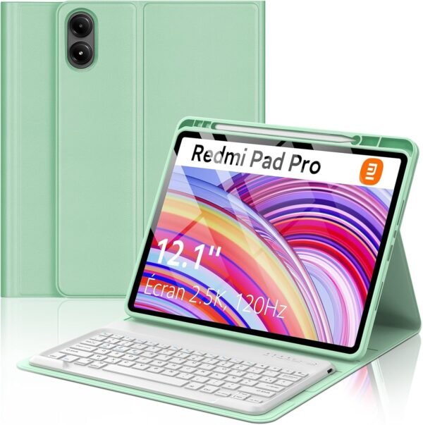 FOGARI Clavier pour Redmi Pad Pro 12.1 | Coque Clavier pour Xiaomi Pad POCO 12.1 Pouces 2024, AZERTY Français Clavier Détachable Bluetooth pour Redmi Pad Pro 12.1'', Vert Clair
