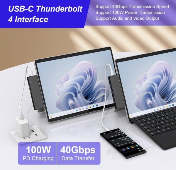 Surface Pro 8/9/10/11/X Docking Station - Adaptateur Surface Pro 9 avec HDMI 4K, Thunderbolt 4 (vidéo 8K@30Hz + données 40 G + PD 100 W), 2 x USB 3.0, Lecteur de Carte SD/TF Accessoires Surface Pro 9 – Image 4