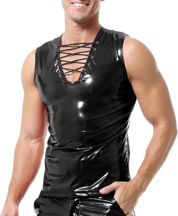 YOOBNG Gilet sans Manches en Simili-Cuir pour Hommes - Style Wet Look avec Cordon en V