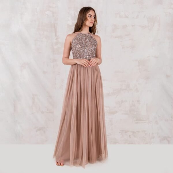 Maya Deluxe Green Lily Embellished Halter Neck Maxi Dress Robe de Demoiselle d'honneur Femme – Image 2