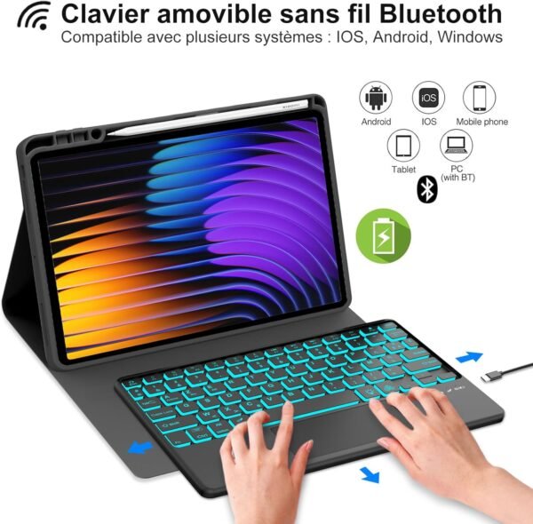 IVEOPPE Clavier Xiaomi Pad 7/7 Pro 11.2" 2025 avec Trackpad, Coque Clavier avec Touchpad, Eclairage 7 Couleurs, Rechargeable AZERTY Détachable pour Xiaomi Pad 7/7 Pro 11.2" 2025, Noir – Image 3