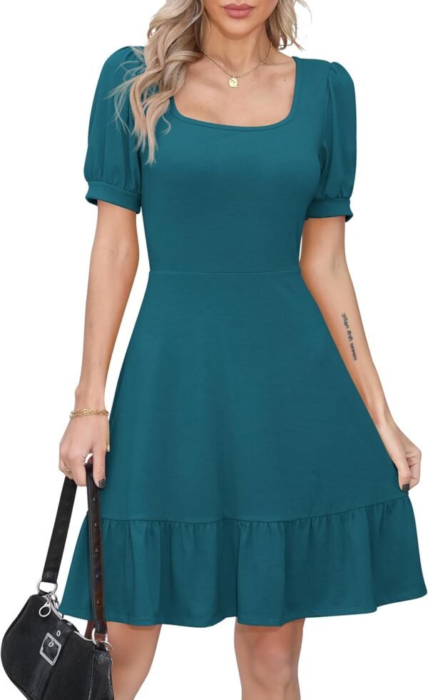 Missufe Robe d'été pour femme - Robe patineuse à volants - Manches bouffantes - Manches courtes - Swing - Robe de loisirs