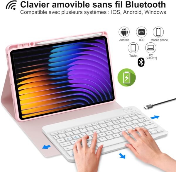 IVEOPPE Clavier Xiaomi Pad 7/7 Pro 11.2", Coque Clavier Xiaomi Pad 7/7 Pro, Rechargeable Clavier Français AZERTY Détachable pour Xiaomi Pad 7/7 Pro 11.2", Rose – Image 3