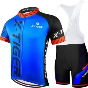 X-TIGER Maillot de Cyclisme Manches Courtes Homme avec Cuissard à Bretelle 5D Gel Rembourré,VTT Courtes Respirant Vêtements de Cyclisme Sports Shorts Pantalons avec Tee Shirt