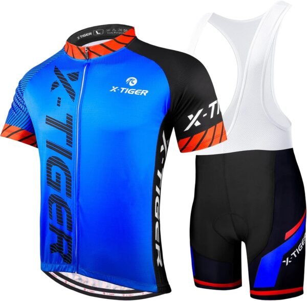 X-TIGER Maillot de Cyclisme Manches Courtes Homme avec Cuissard à Bretelle 5D Gel Rembourré,VTT Courtes Respirant Vêtements de Cyclisme Sports Shorts Pantalons avec Tee Shirt