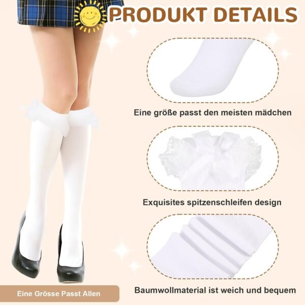 uinnossvc Chaussettes hautes pour fille - Blanches - À volants - Chaussettes hautes à volants - Lolita Clothes - Bas traditionnels pour femme - Jarretière en dentelle avec nœud - Chaussettes hautes – Image 3