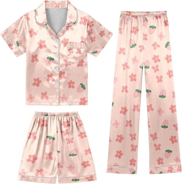 Ensemble Pyjama En Soie Enfant Fille 3 Pieces 3-13 Ans Cute Pyjama Set Satin Chemise Boutonnée à Manches Courtes + Shorts+ Pantalons Ado Fille Confortable Léger