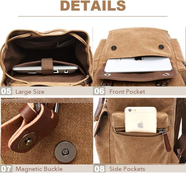Rufun Sac à Dos en Toile Cartable Vintage pour Ordinateur Portable Daypack Randonnée Voyage Grande capacité Sac Unisexe – Image 4