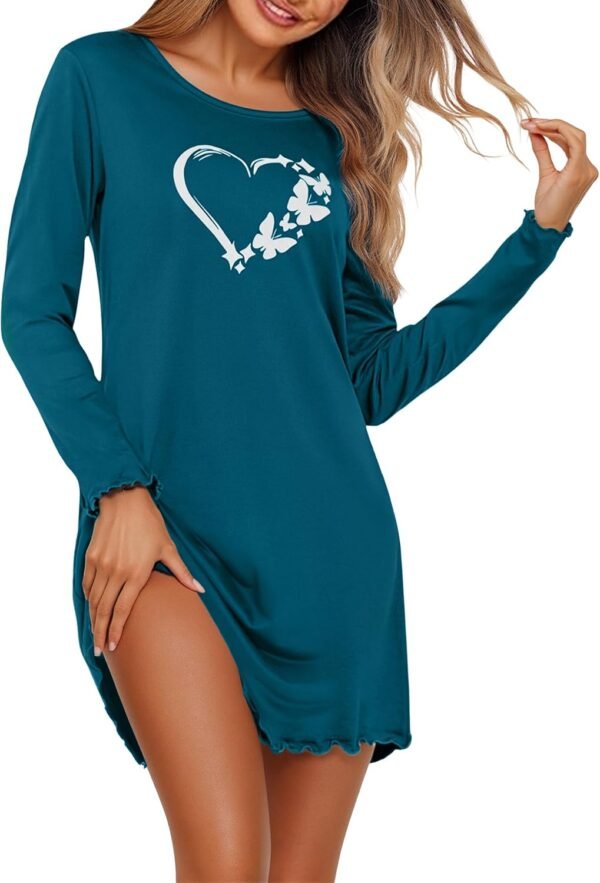 Demegimi Chemise de Nuit Femme Coeur Coton Robe de Nuit à Manches Longue Vêtement de Nuit Longue Tee Shirt Nuit