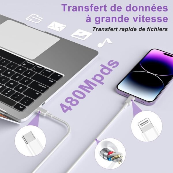 2Pack Chargeur Rapide iPhone 14 13, 20W USB C Chargeur iPhone avec Câble de Charge Lightning iPhone 2M pour Original Apple iPhone 14 13 12 Pro Max Mini/11/XS/X/8 Plus/2020 SE/iPad – Image 3