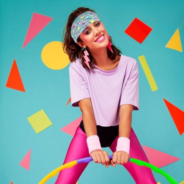 Lot de 4 bandeaux à cheveux avec imprimé rétro Mabor des années 80 - Unisexe - Couleurs fluo - Accessoire de fitness - Large bandeau de fête – Image 6