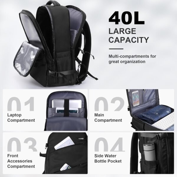 HOMIEE Sac à Dos de Voyage Extra Large, Sac à Dos Cabine Imperméable pour Ordinateur Portable, Sac a Dos Voyage Avion Antivol avec Port de Charge USB, Sac a Dos Bagage à Main, Noir – Image 2