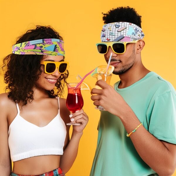Lot de 4 bandeaux à cheveux avec imprimé rétro Mabor des années 80 - Unisexe - Couleurs fluo - Accessoire de fitness - Large bandeau de fête – Image 7