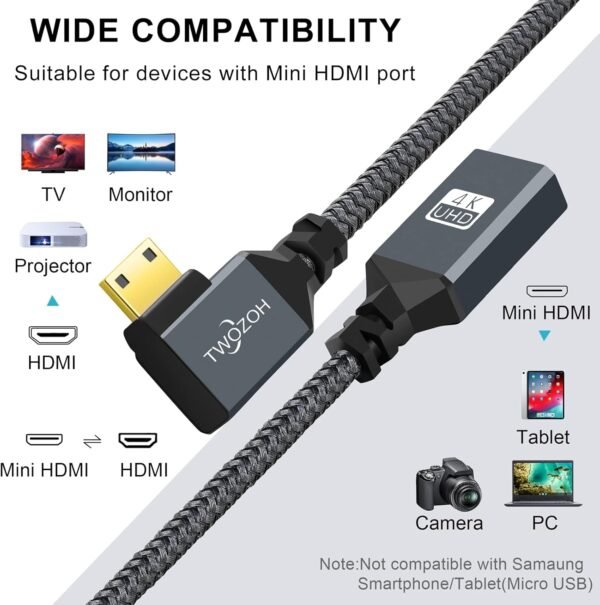 Twozoh Câble Adaptateur Mini HDMI vers HDMI 0,2M, Nylon tressé à 90 Degrés à angle droit Mâle Mini HDMI vers Femelle HDMI Câble extension Supporte 3D/4K 1080p – Image 2