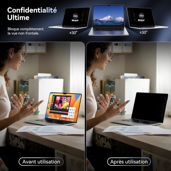Filtre de Confidentialité pour MacBook Air 13.6 Pouces (2022-2025,M2,M3,M4),Amovible Protection Ecran Filtre Anti Espion Lumière Bleu Reflet,Laptop Privacy Screen pour Mac Air 13 (A3240,A3113,A2681) – Image 3