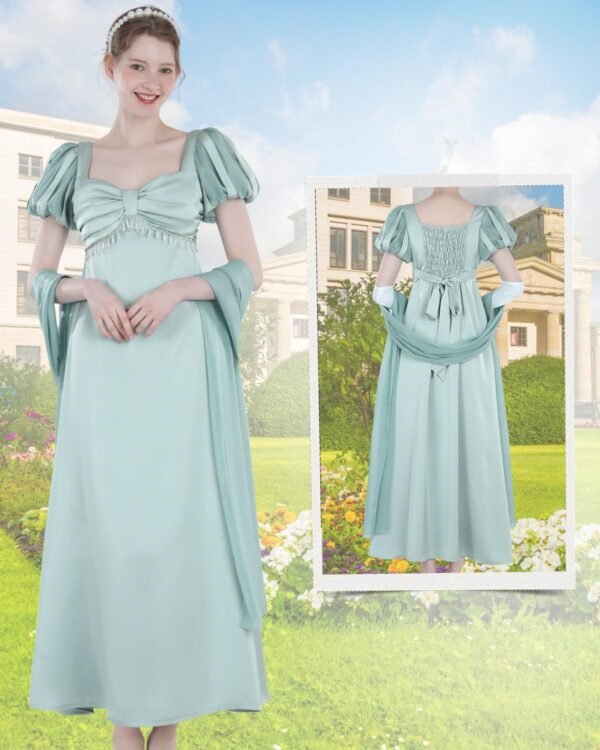 Fiamll Regency Robe pour femme, taille empire, style Renaissance, avec gants et écharpe, robe de bal, de thé, de soirée – Image 4