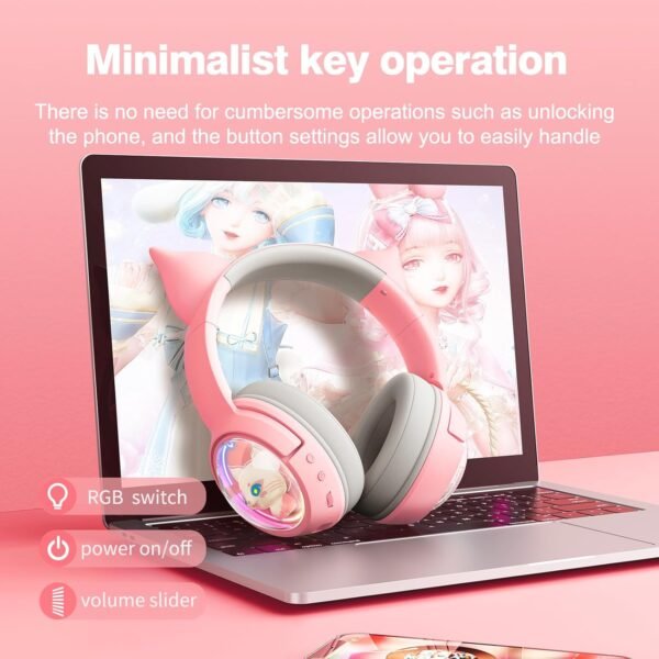 PHNIXGAM Casque Bluetooth avec oreilles de chat, en mode sans fil et filaire, avec microphone, lumière RVB, compatible avec téléphones portables, PC, tablette, consoles de jeux, rose – Image 3