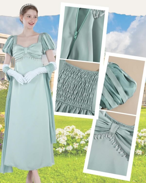 Fiamll Regency Robe pour femme, taille empire, style Renaissance, avec gants et écharpe, robe de bal, de thé, de soirée – Image 3