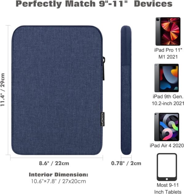 MoKo 9-11 Pouces Tablette Housse Sac de Transport pour New 11" iPad Air M3, iPad A16 2025, iPad Pro 11 M4, Air 5/4/3, iPad 10/9/8th Gen, Tab S8/S9 11", Marine Bleu – Image 2