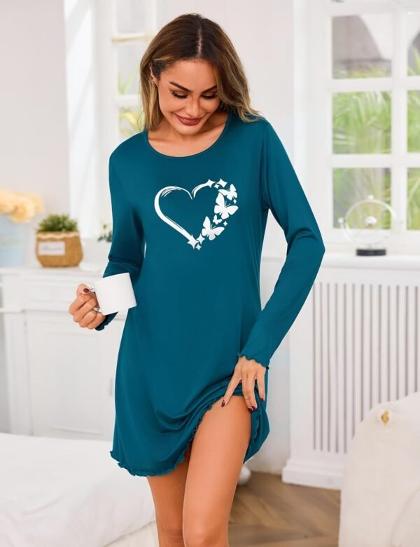 Demegimi Chemise de Nuit Femme Coeur Coton Robe de Nuit à Manches Longue Vêtement de Nuit Longue Tee Shirt Nuit – Image 3