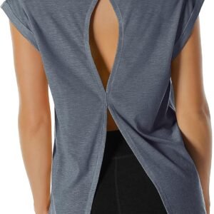 icyzone T-Shirt de Sport Femme Yoga Shirt Manches Courtes Fitness Running Décontracté Tops Dos Ouvert