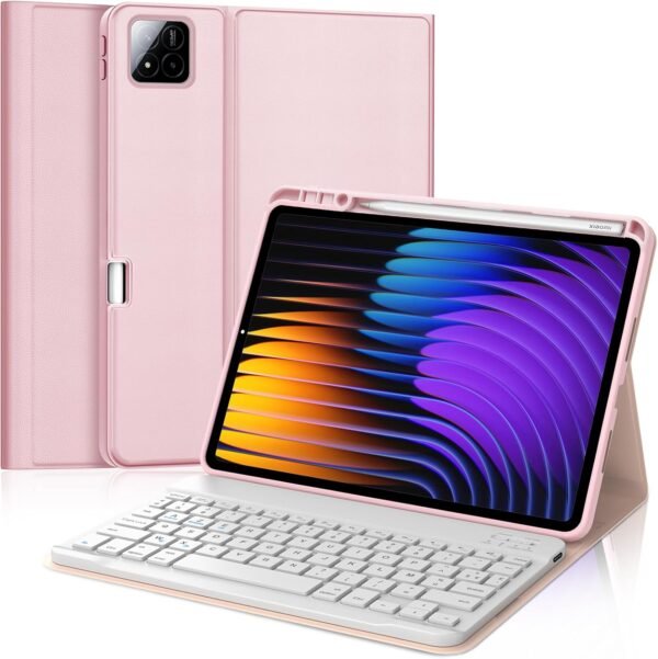 IVEOPPE Clavier Xiaomi Pad 7/7 Pro 11.2", Coque Clavier Xiaomi Pad 7/7 Pro, Rechargeable Clavier Français AZERTY Détachable pour Xiaomi Pad 7/7 Pro 11.2", Rose