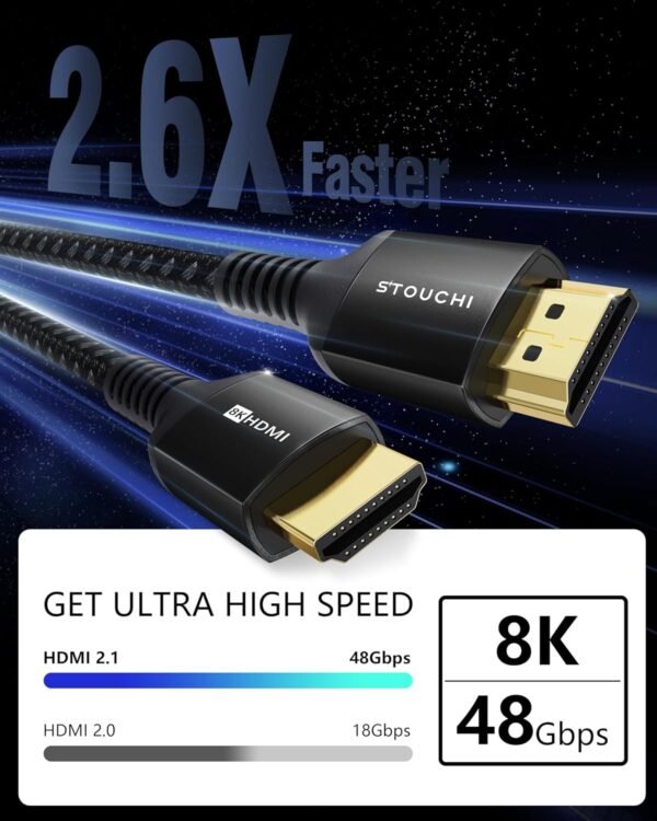Stouchi Câble HDMI 2.1 2m, 8K Ultra HD 48Gbps Haute Vitesse 8K60 4K120 144Hz RTX 3080 eARC HDR10 4:4:4 HDCP 2.2&2.3 Dolby Compatible avec Fire TV/Roku TV/PS5/Xbox Series X/LG,Noir,1 2 Paquets – Image 3