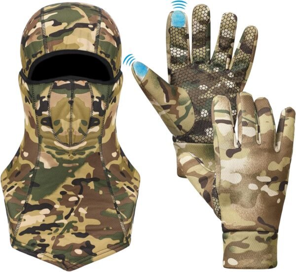 Hestya Gants de Chasse Camouflage pour Hommes Cagoule de Chasse Couvrant Tout Le Visage Gants Camouflés Coupe-Vent Antidérapants(L,Série d'écrans Tactiles)