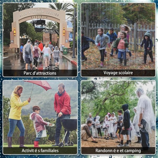Newbyinn Poncho Pluie Imperméable, 6 Pièces adulte, 4 Pièces enfant, cape de pluie capuche femme homme velo randonnée camping festival – Image 6